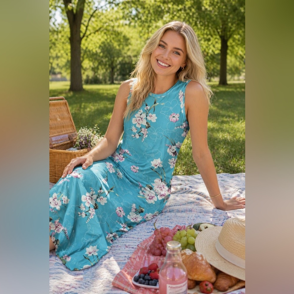 Anrabess Floral Maxi Dress in Aqua Blue